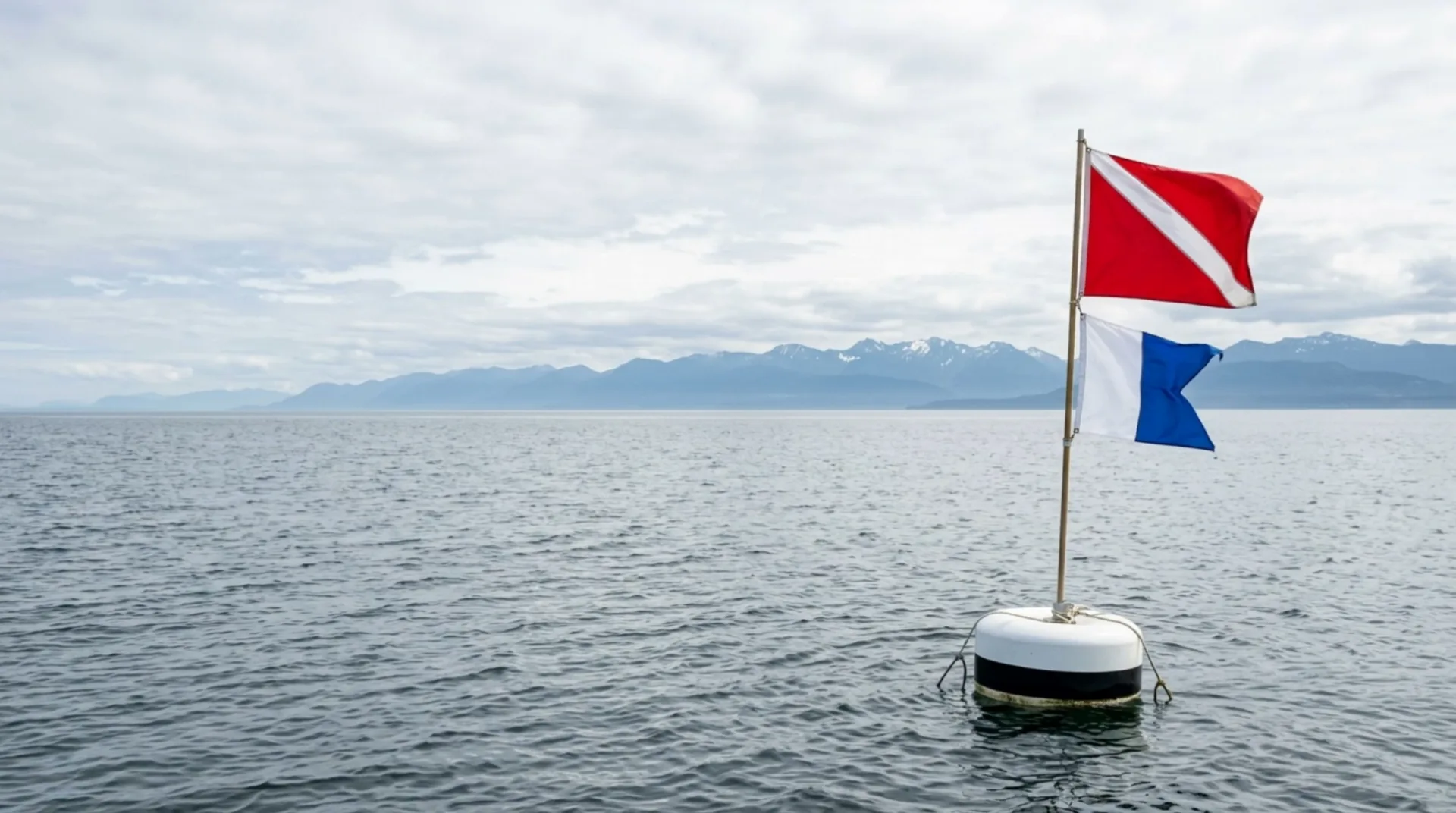 A white dive float on the Strait of Juan de Fuca flying the red diver-down flag with the blue and white Alpha flag below it, the Olympic Mountains on the horizon